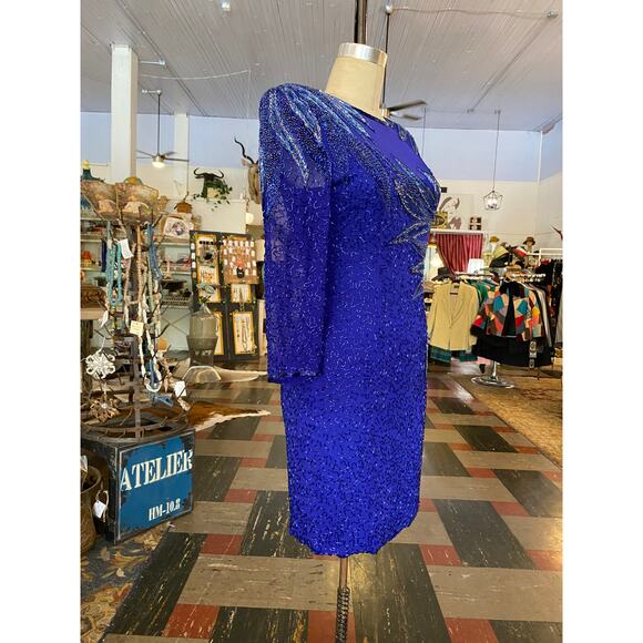 1980s beaded cocktail dress, cobalt blue silk, vintage formal, sheer chiffon, 27 - Picture 4 of 9